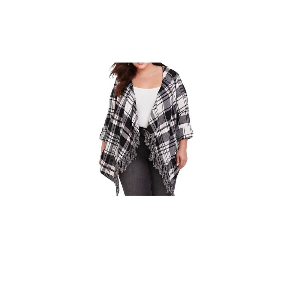 Torrid Cardigan Women Size 3 Black White Drape Fringe Hem  Top Open Front